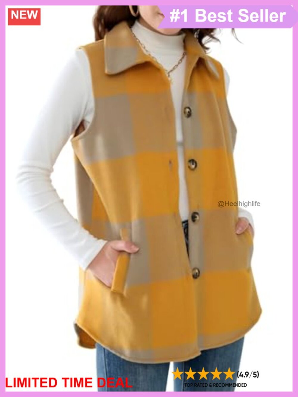 Womens Flannel Plaid Vest Sleeveless Button Down Shacket with Pockets